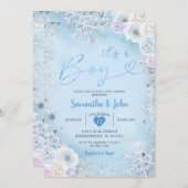 ブルーウィンターフローラスノーフレークボーイベビーシャワー 招待状 (正面/裏面)