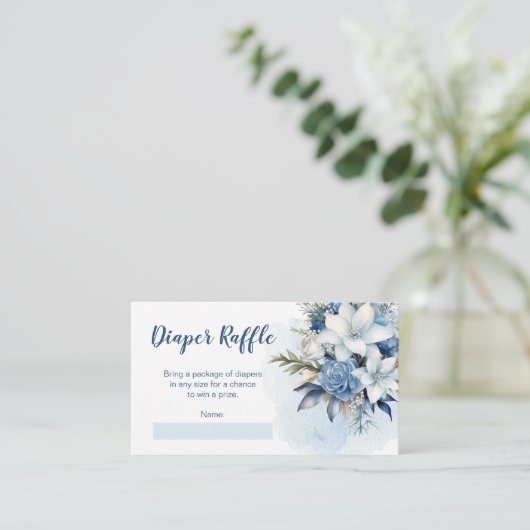 ブルーウィンターフローラ赤ちゃんシャワーおむつラッフル エンクロージャーカード (スタンド正面)