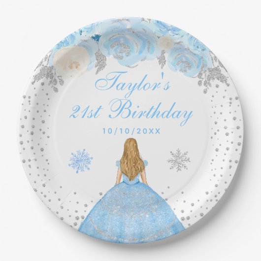 ブルーウィンターブロンドヘアプリンセス誕生日パーティー ペーパープレート (正面)