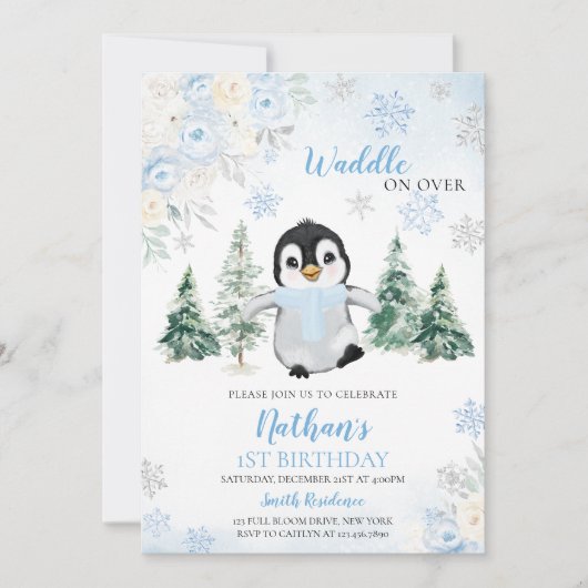 ブルーウィンターペンギン誕生日パーティー 招待状 (正面)