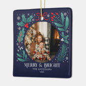 ブルーウィンターボタニカルクリスマスフォト セラミックオーナメント (左)