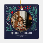 ブルーウィンターボタニカルクリスマスフォト セラミックオーナメント (正面)