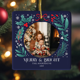 ブルーウィンターボタニカルクリスマスフォト セラミックオーナメント