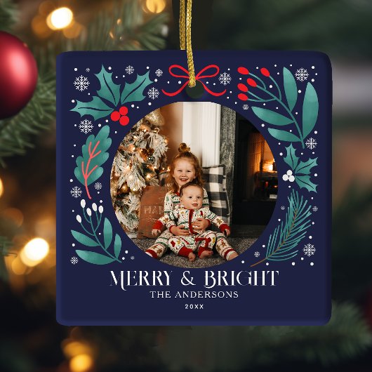 ブルーウィンターボタニカルクリスマスフォト セラミックオーナメント