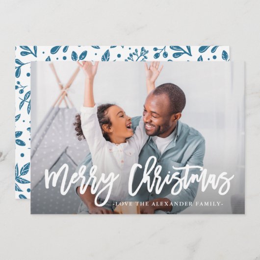 ブルーウィンターボタニカルメリークリスマススクリプト写真 シーズンカード (正面/裏面)