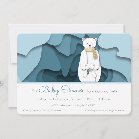 ブルーウィンターポーラベア男女兼用ベビーシャワー 招待状 (正面)