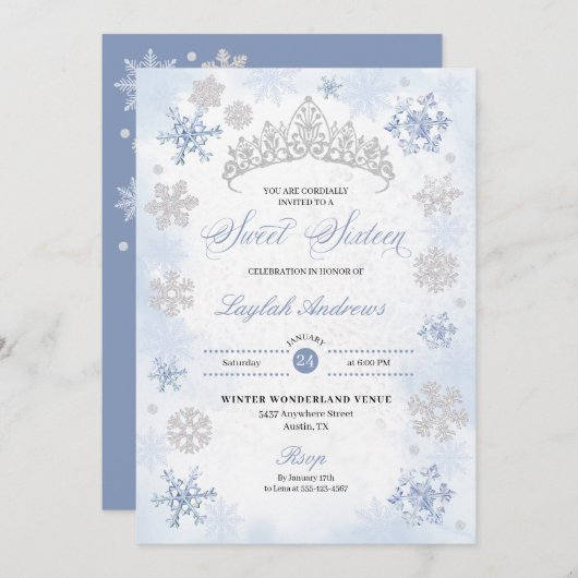 ブルーウィンターワンダーランドスノーフレークスウィート16 招待状 (正面/裏面)