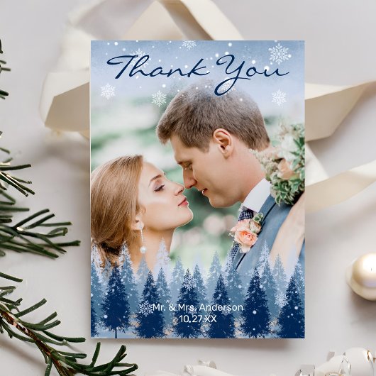 ブルーウィンターワンダーランドパインクリスマ結婚ス サンキューカード