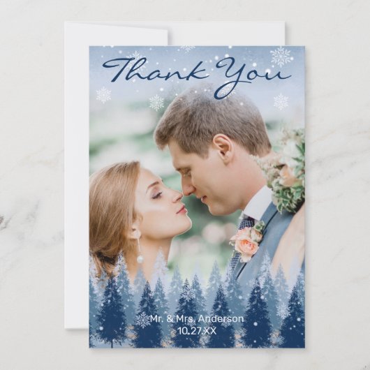 ブルーウィンターワンダーランドパインクリスマ結婚ス サンキューカード (正面)