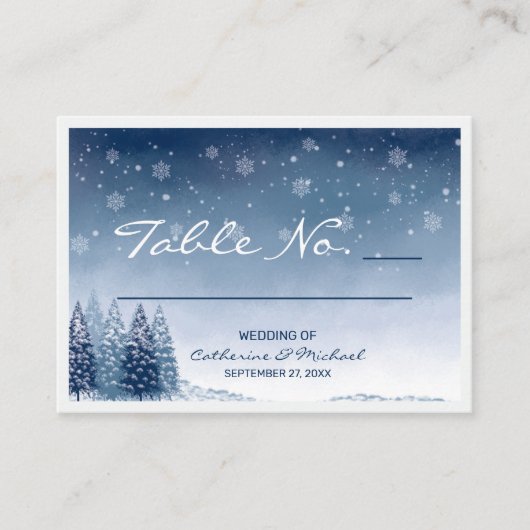 ブルーウィンターワンダーランドパインクリスマ結婚ス プレイスカード (正面)