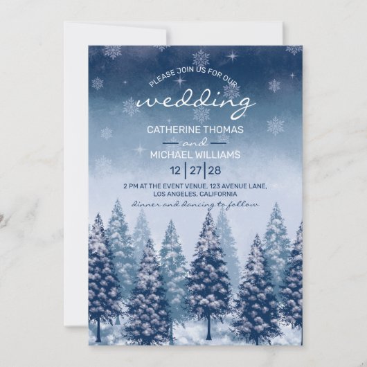 ブルーウィンターワンダーランドパインクリスマ結婚ス 招待状 (正面)