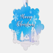 ブルーウィンターワンダーランドホワイトスノーハウスホリデー オーナメントカード (左)