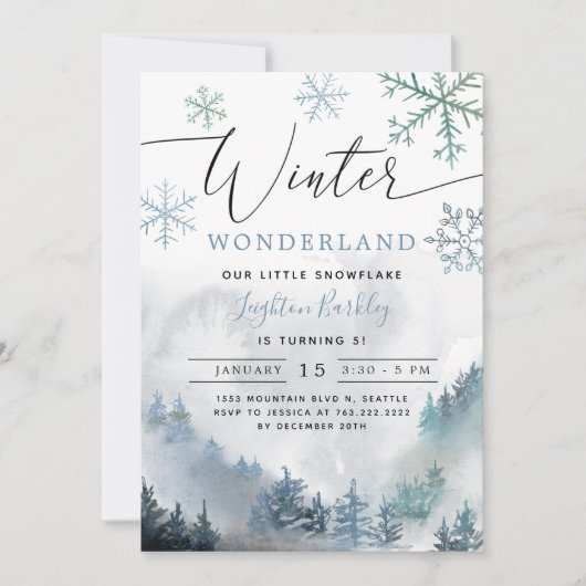 ブルーウィンターワンダーランドボーイ誕生日 招待状 (正面)