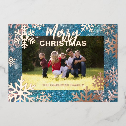 ブルーウィンターワンダーランドメリークリスマスフォト 箔シーズンカード (正面)