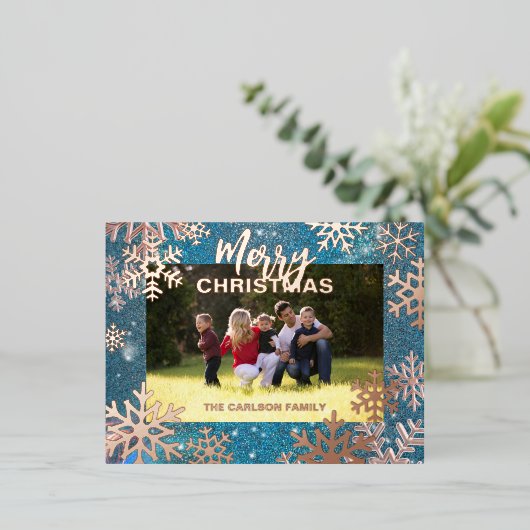 ブルーウィンターワンダーランドメリークリスマスフォト 箔シーズンポストカード (立ち正面)