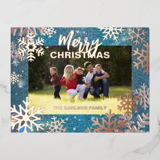 ブルーウィンターワンダーランドメリークリスマスフォト 箔シーズンポストカード (正面)