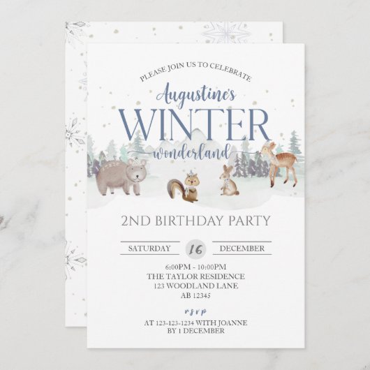 ブルーウィンターワンダーランド誕生日、男の子2歳の誕生日 招待状 (正面/裏面)