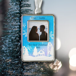 ブルーウィンターワンダーランド雪の家の写真 シルバープレートフレームオーナメント