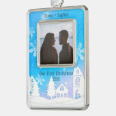 ブルーウィンターワンダーランド雪の家の写真 シルバープレートフレームオーナメント (左)