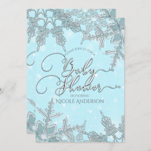 ブルーウィンターワンダーランド雪の結晶ベビーシャワー 招待状 (正面/裏面)