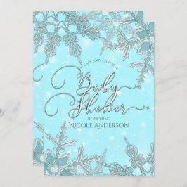 ブルーウィンターワンダーランド雪の結晶ベビーシャワー 招待状