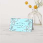 ブルーウィンターワンダーランド雪結婚片のテーブル プレイスカード (正面)