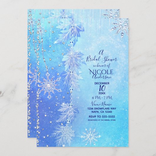 ブルーウィンター離れズ&スノーフレークブライダルシャワー 招待状 (正面/裏面)