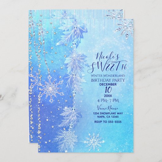ブルーウィンター離れズ&スノーフレーク甘い16パーティー 招待状 (正面/裏面)
