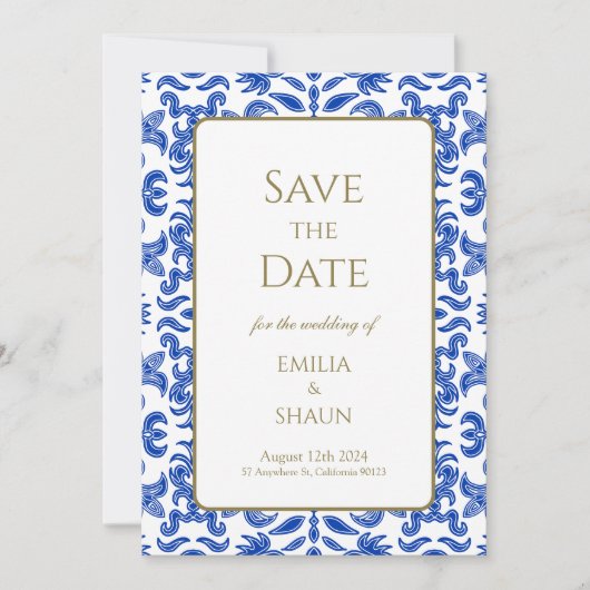 ブルーウェッ伝統的ディイタリアンング日付の保存 招待状 (正面)