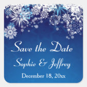 ブルーウェディングでの雪の結晶の日付を保存 スクエアシール (正面)