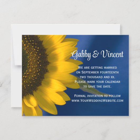 ブルーウェディングに黄色のひまわり日付を保存 マグネット招待状 (正面)