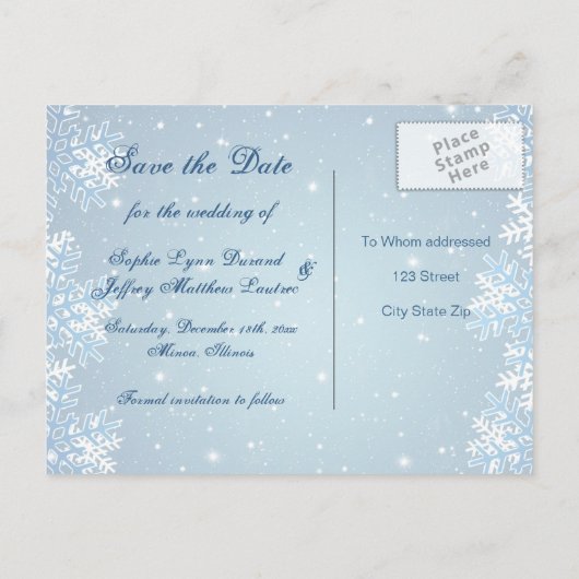 ブルーウェディングの雪はがき日付を保存 案内ポストカード (裏面)