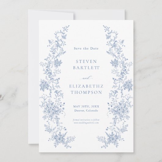 ブルーウェディングフランスの日付の写真を保存 招待状 (正面)