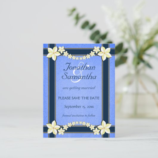 ブルーウェディング素朴日付のアナウンスを保存 案内ポストカード (スタンド正面)