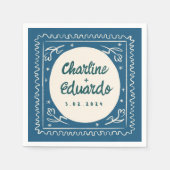 ブルーウェーブパステル手書きレトロ結婚ズナプキン スタンダードカクテルナプキン (正面)