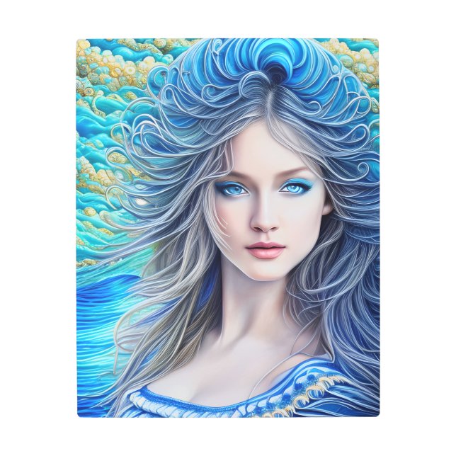 ブルーウェーブヘアファンタジーガール抽象芸術ファインアート メタルプリント (正面)