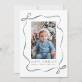 ブルーウェーブリボン弓フレームクリスマスフォト シーズンカード (正面)