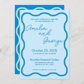ブルーウェーブレトロ結婚式招待状 招待状 (正面/裏面)