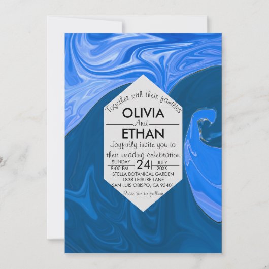 ブルーウェーブ抽象芸術アート結婚式招待状 招待状 (正面)