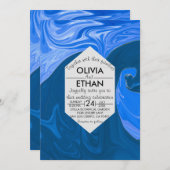 ブルーウェーブ抽象芸術アート結婚式招待状 招待状 (正面/裏面)
