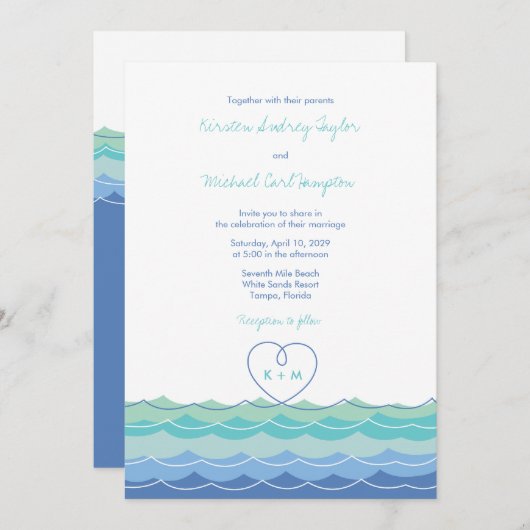 ブルーウェーモダンズループハートビーチ結婚式招待状 招待状 (正面/裏面)