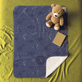 ブルーウェー伝統的ブ日本のセイガイハモノグラム シェルパブランケット