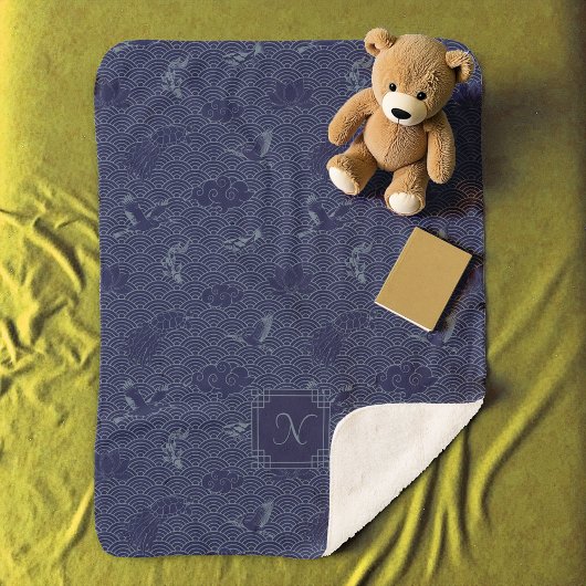 ブルーウェー伝統的ブ日本のセイガイハモノグラム シェルパブランケット