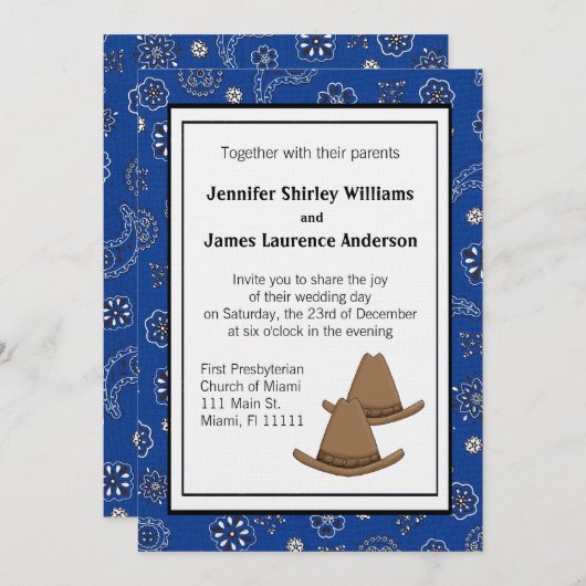 ブルーウエスタンカウボーイハット結婚式招待状 招待状 (正面/裏面)