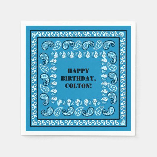 ブルーウエスタンバンダナプリントバースデーパーティー スタンダードカクテルナプキン (正面)