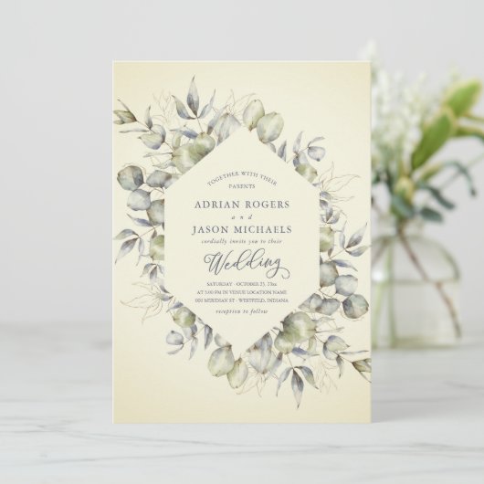 ブルーウォッエレガントクフレーム付き秋のユーカリ 招待状 (スタンド正面)