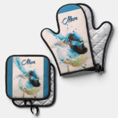 ブルーウォレンレンスウォーターカラーティール(緑がかった色)ブルーオーストラリア 鍋つかみ&鍋敷きセット (正面/裏面)