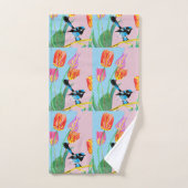 ブルーウォレン鳥ピンクとブルーフラワータオルセット バスタオルセット (ハンドタオル)