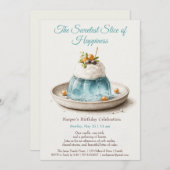 ブルーウォーエレガントターカラーケーキ誕生日招待状 招待状 (正面/裏面)