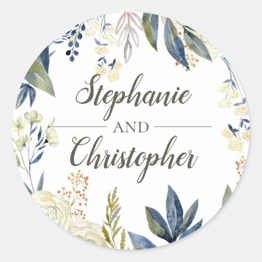 ブルーウォーエレガントターカラーフラワー封筒用シールのお気に入り ラウンドシール (正面)
